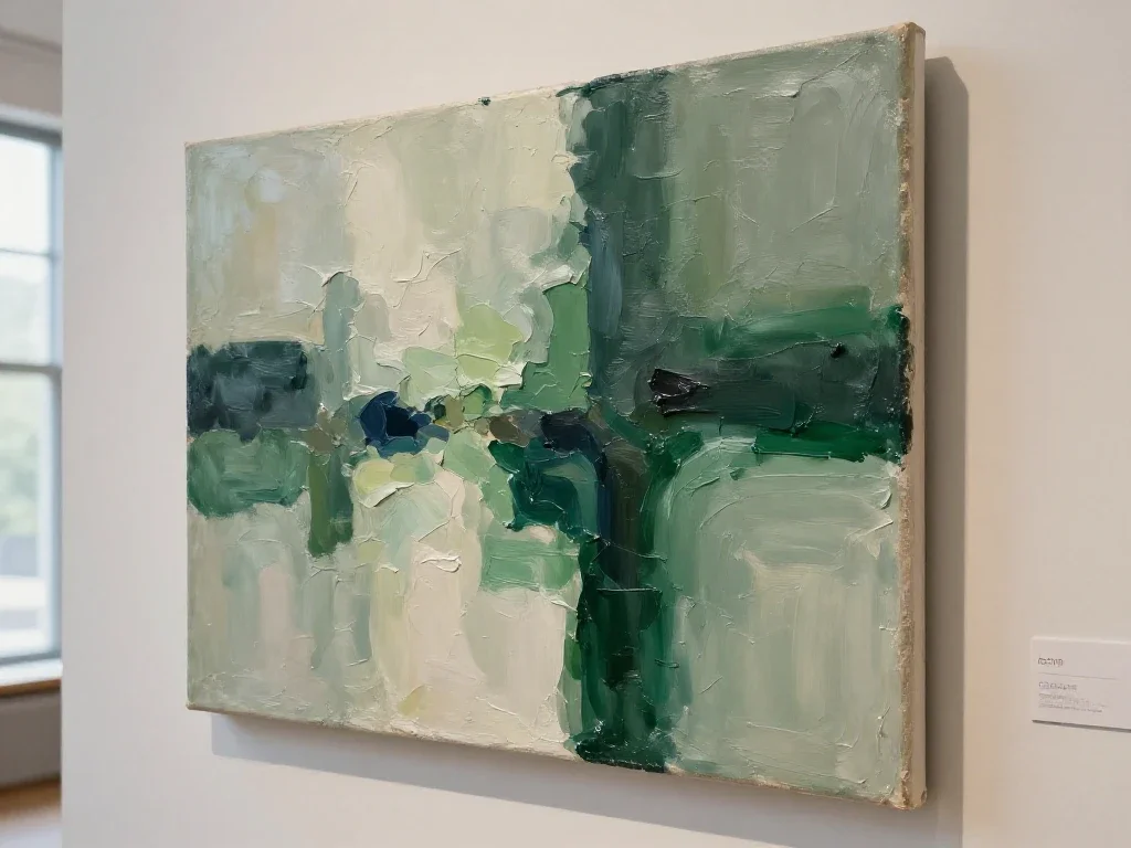Détail d'une toile texturée vue sous un angle original dans une galerie d'art lumineuse.