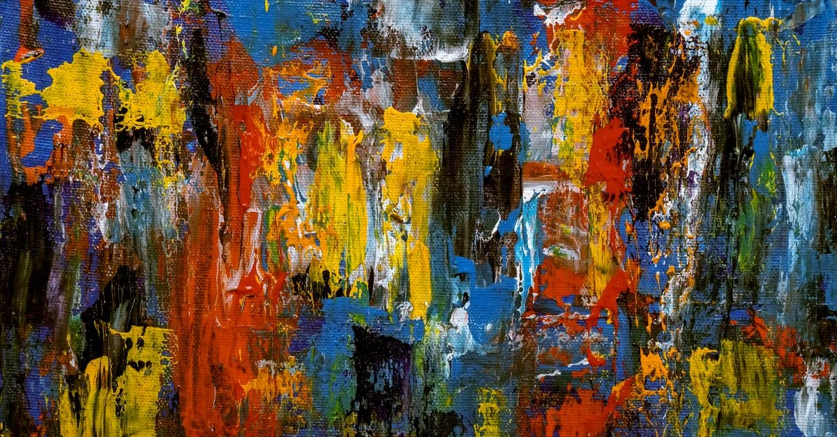 Une peinture abstraite expressionniste colorée utilisant des acryliques sur toile, mettant en valeur des textures vives et des couleurs dynamiques.
